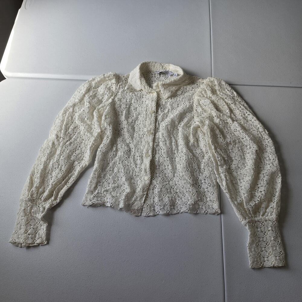 & Other Stories Blouse Womens 2 White Lace Puff Sleeve Sheer Button Top
